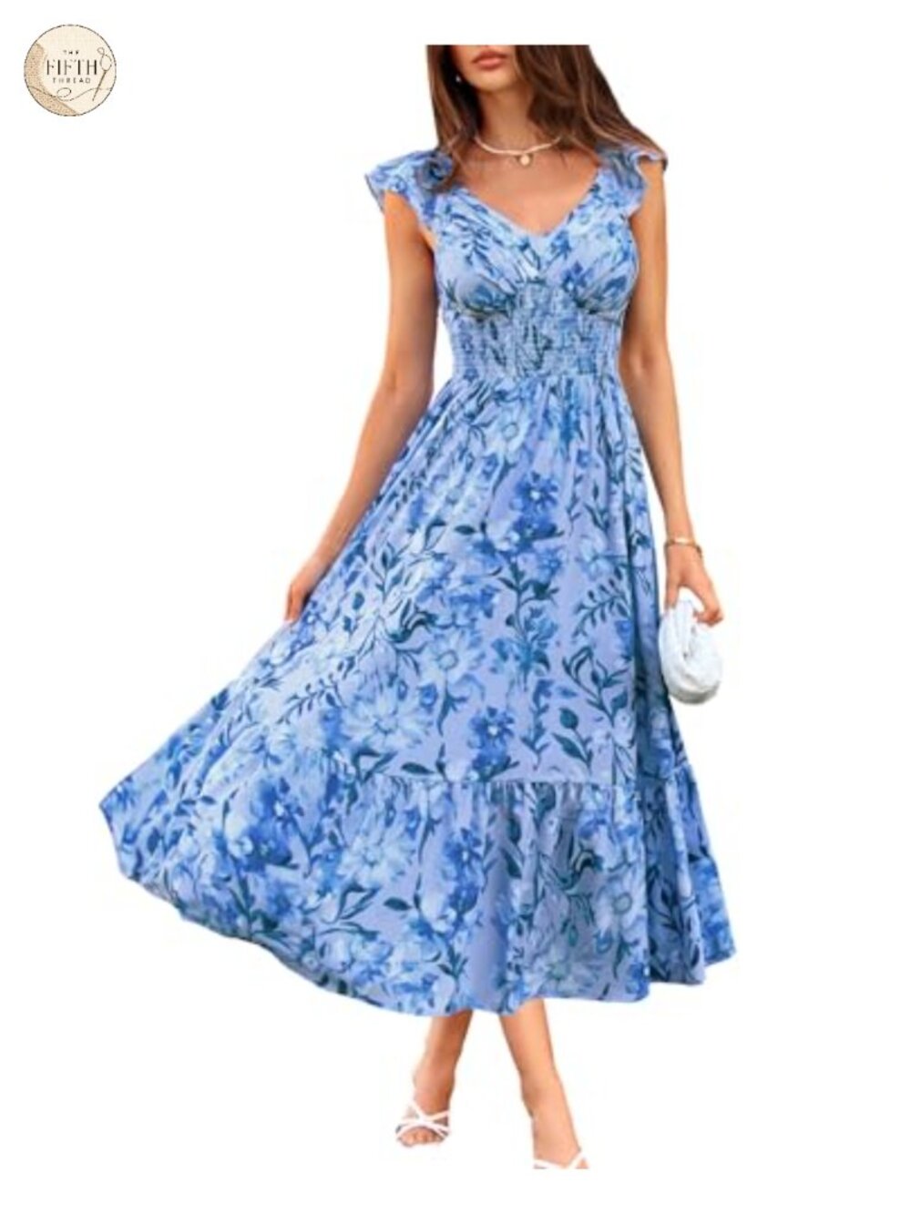 Women's Floral Maxi Dress Ruffle Sleeve V-Neck Chiffon Wedding Guest